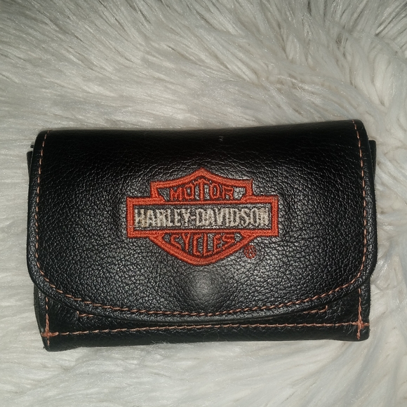 Harley-Davidson Handbags - Harley-Davidson Black and Orange Leather Wallet Vintage
